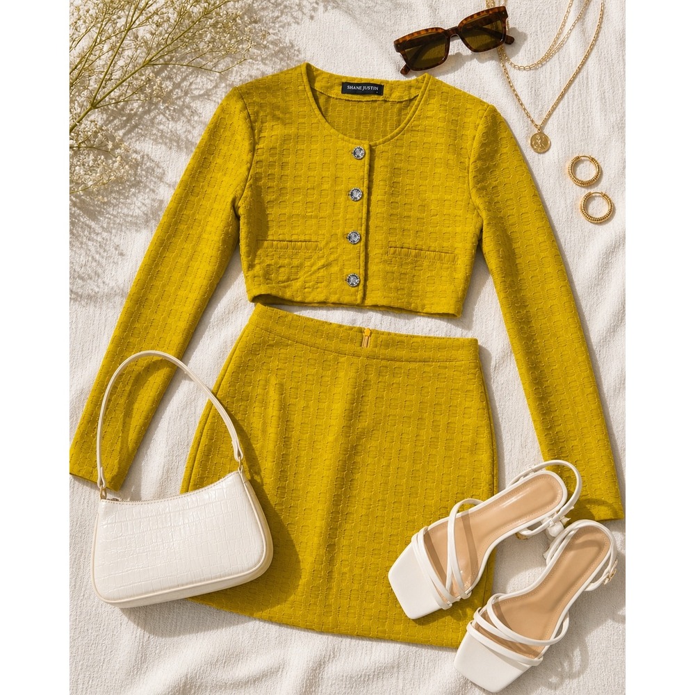 Shane Justin Mustard Yellow Textured Knit Crop Jacket and Mini Skirt Set Small - Picture 10 of 10
